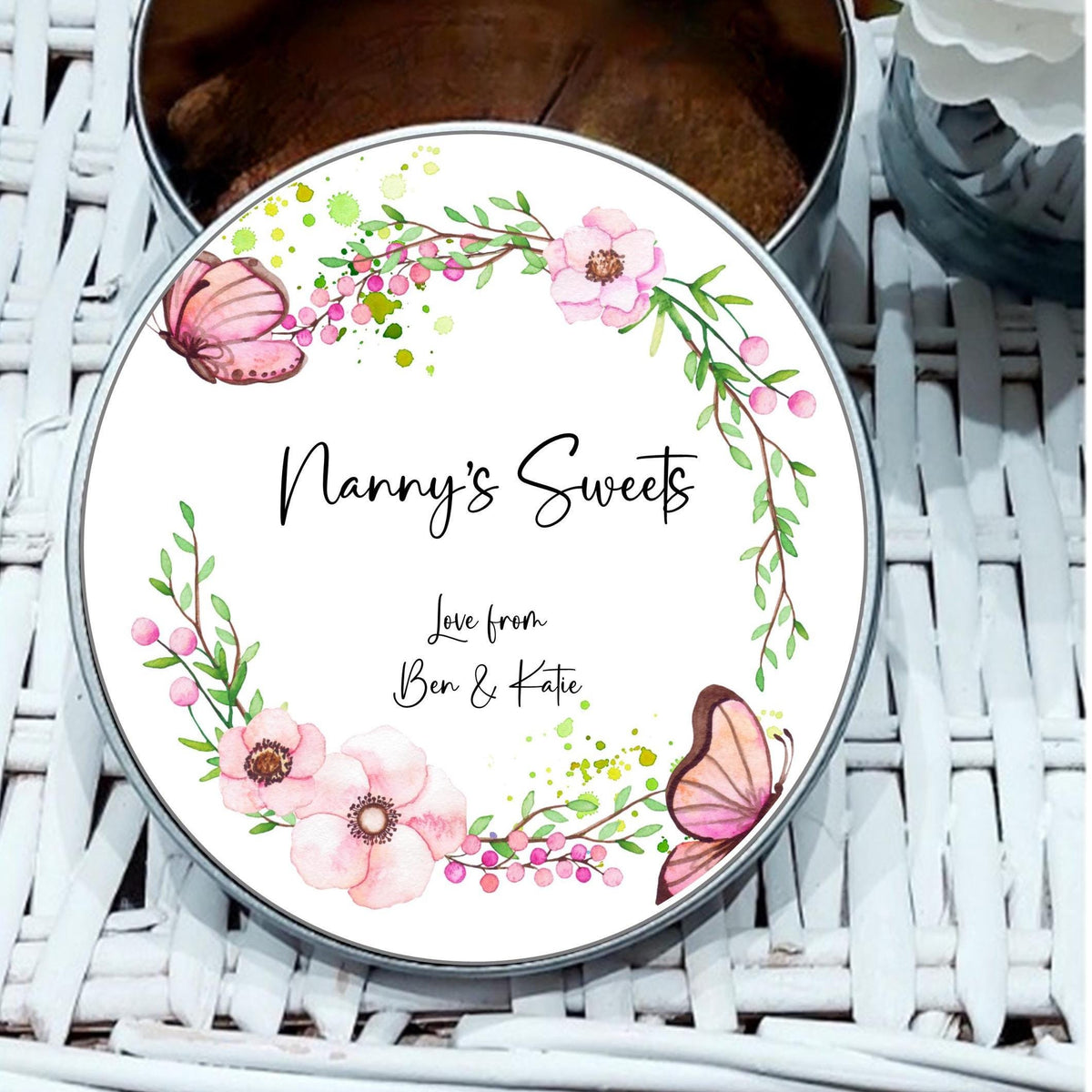 Floral Butterfly Wreath Storage Tin: Gift for Grandma