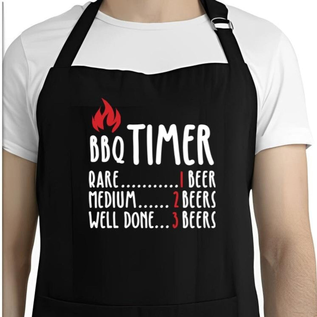 Black apron with 'BBQ Timer' text and beer quantity instructions on a white background