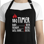 Black apron with 'BBQ Timer' text and beer quantity instructions on a white background