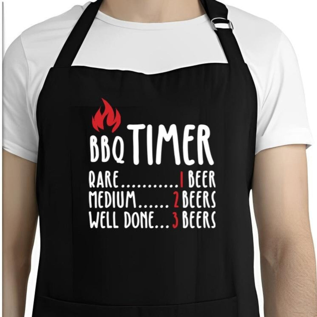 Black apron with 'BBQ Timer' text and beer quantity instructions on a white background