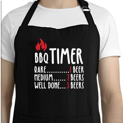 Black apron with 'BBQ Timer' text and beer quantity instructions on a white background