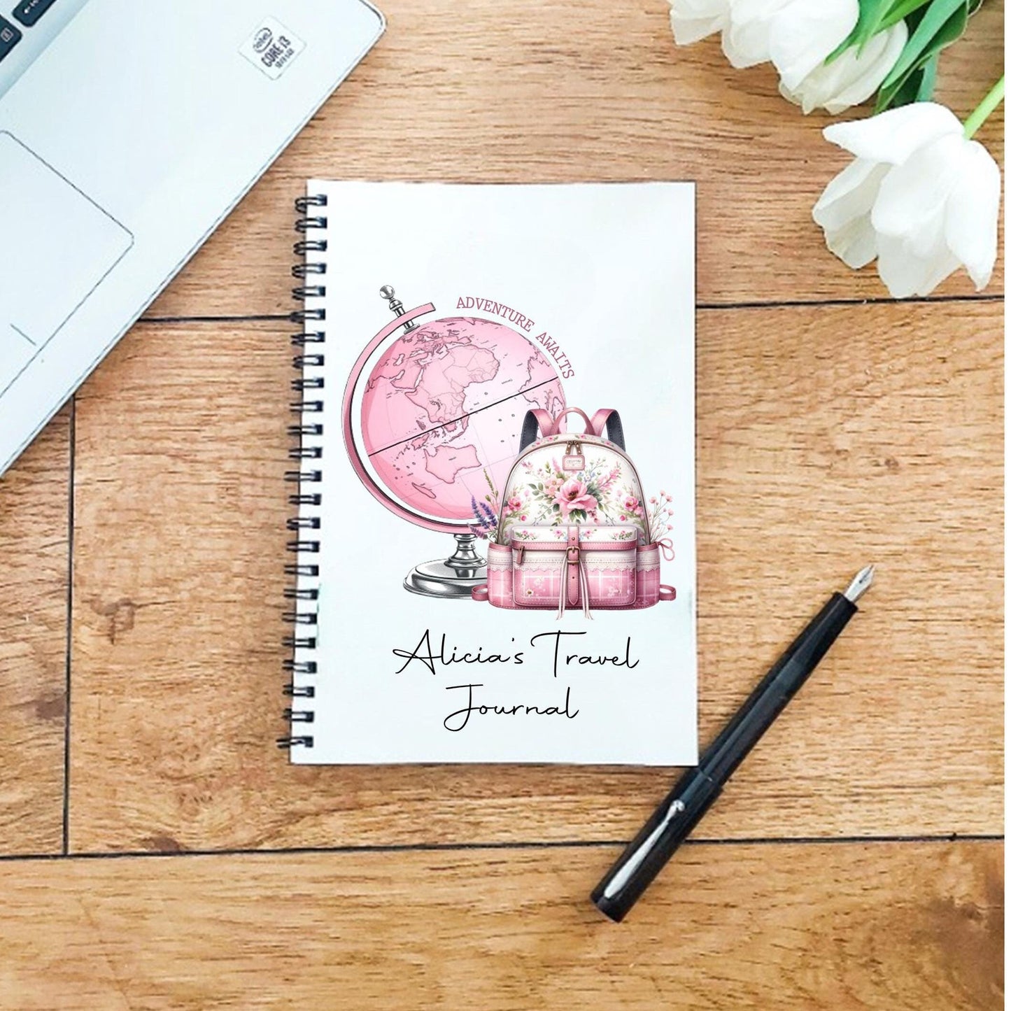 Personalised A5 pink floral travelling notebook