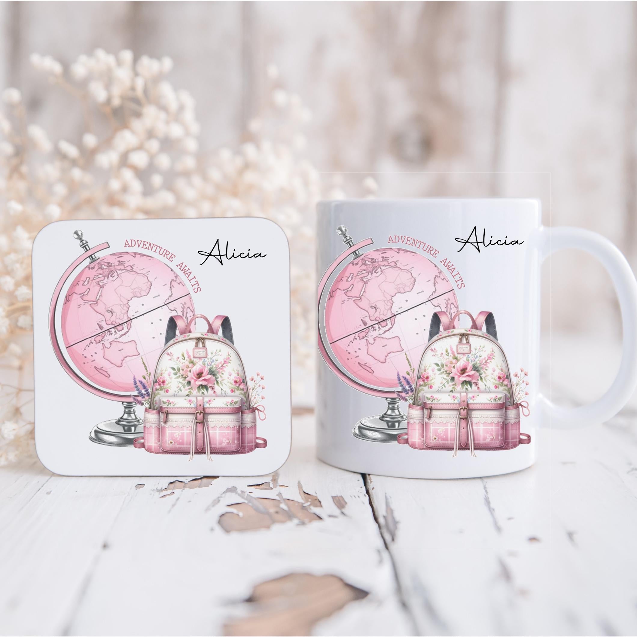 personalised Travel Mug: Pink Globe & Rucksack, Flight Attendant Gift