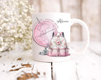 personalised Travel Mug: Pink Globe & Rucksack, Flight Attendant Gift