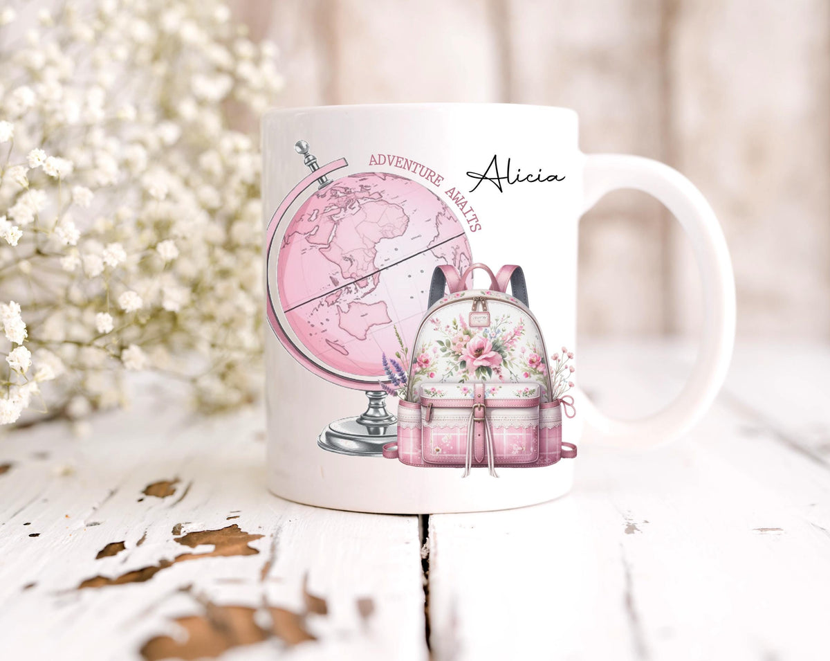 personalised Travel Mug: Pink Globe & Rucksack, Flight Attendant Gift