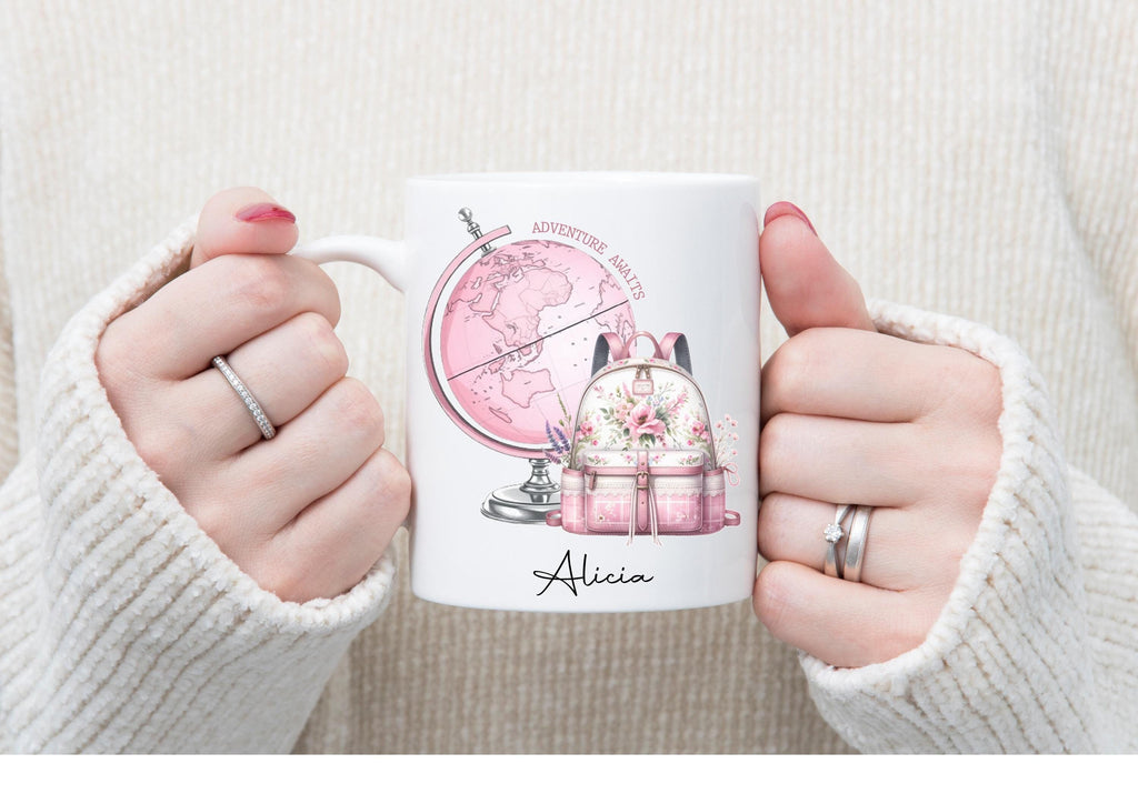 personalised Travel Mug: Pink Globe & Rucksack, Flight Attendant Gift
