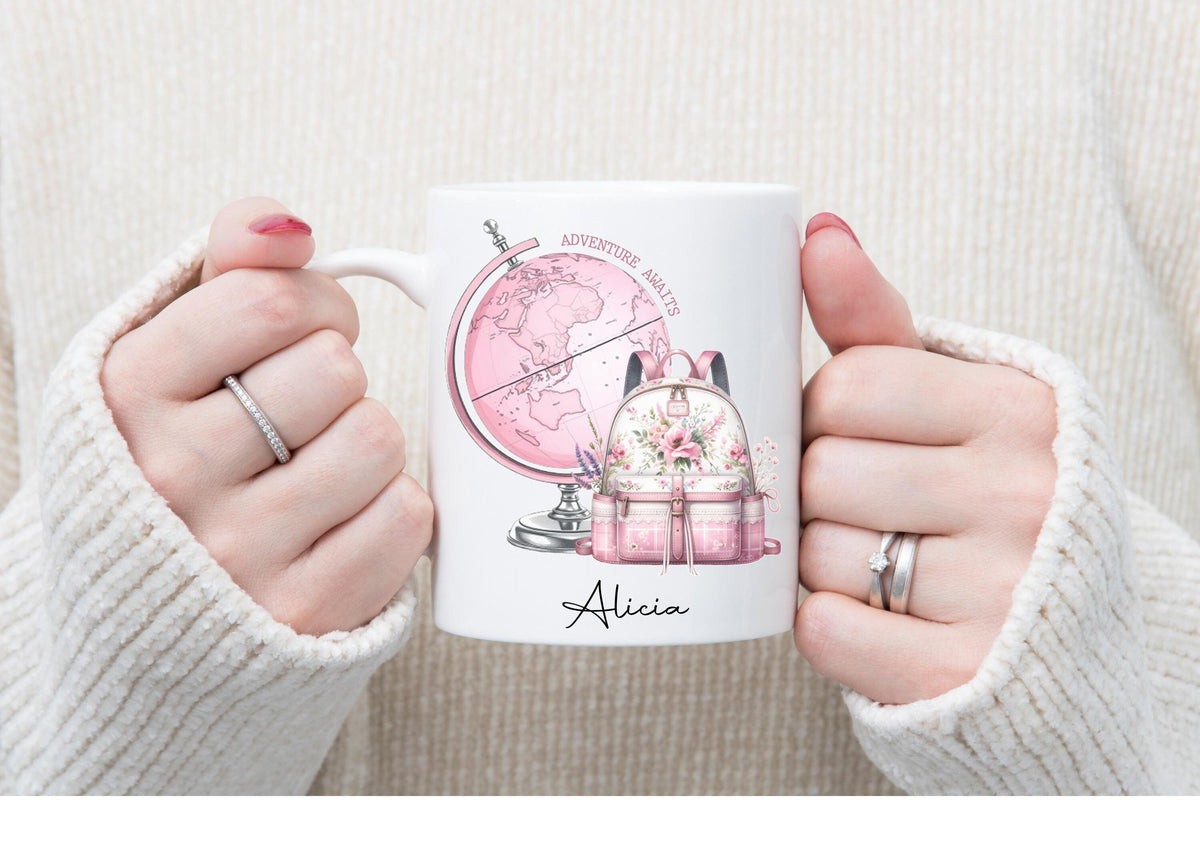 personalised Travel Mug: Pink Globe & Rucksack, Flight Attendant Gift