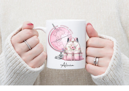personalised Travel Mug: Pink Globe & Rucksack, Flight Attendant Gift