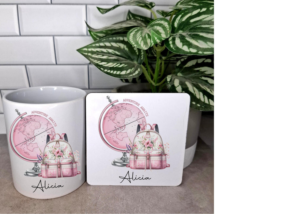 personalised Travel Mug: Pink Globe & Rucksack, Flight Attendant Gift