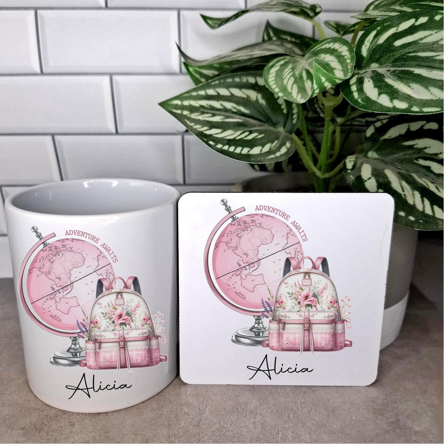 Personalised travelling theme mug & coaster set