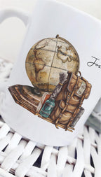 personalised Travel Mug: Vintage Globe & Rucksack Design