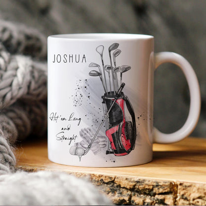 personalised Golf Mug: Red Golf Bag Design, Gift for Golfers
