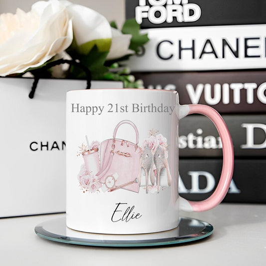 Personalised 21st Birthday mug – Pink Handbag & Heels Design