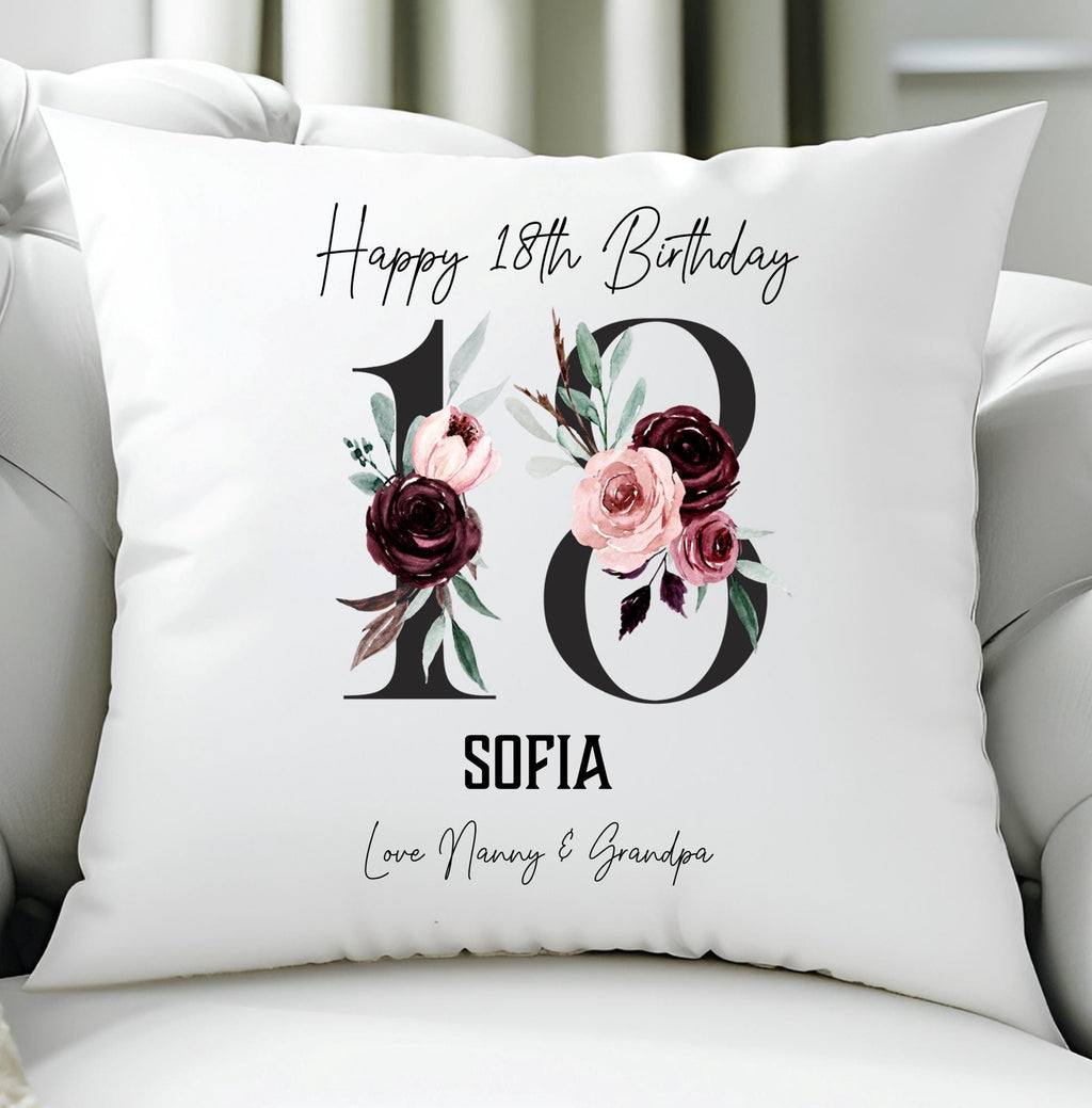 Personalised 18th Birthday Floral Cushion: Teen Girl Gift