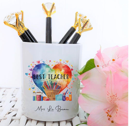 Personalised Best Teacher pen pot, heart stationery storage, rainbow heart, gift for teacher, gift for teaching assistant