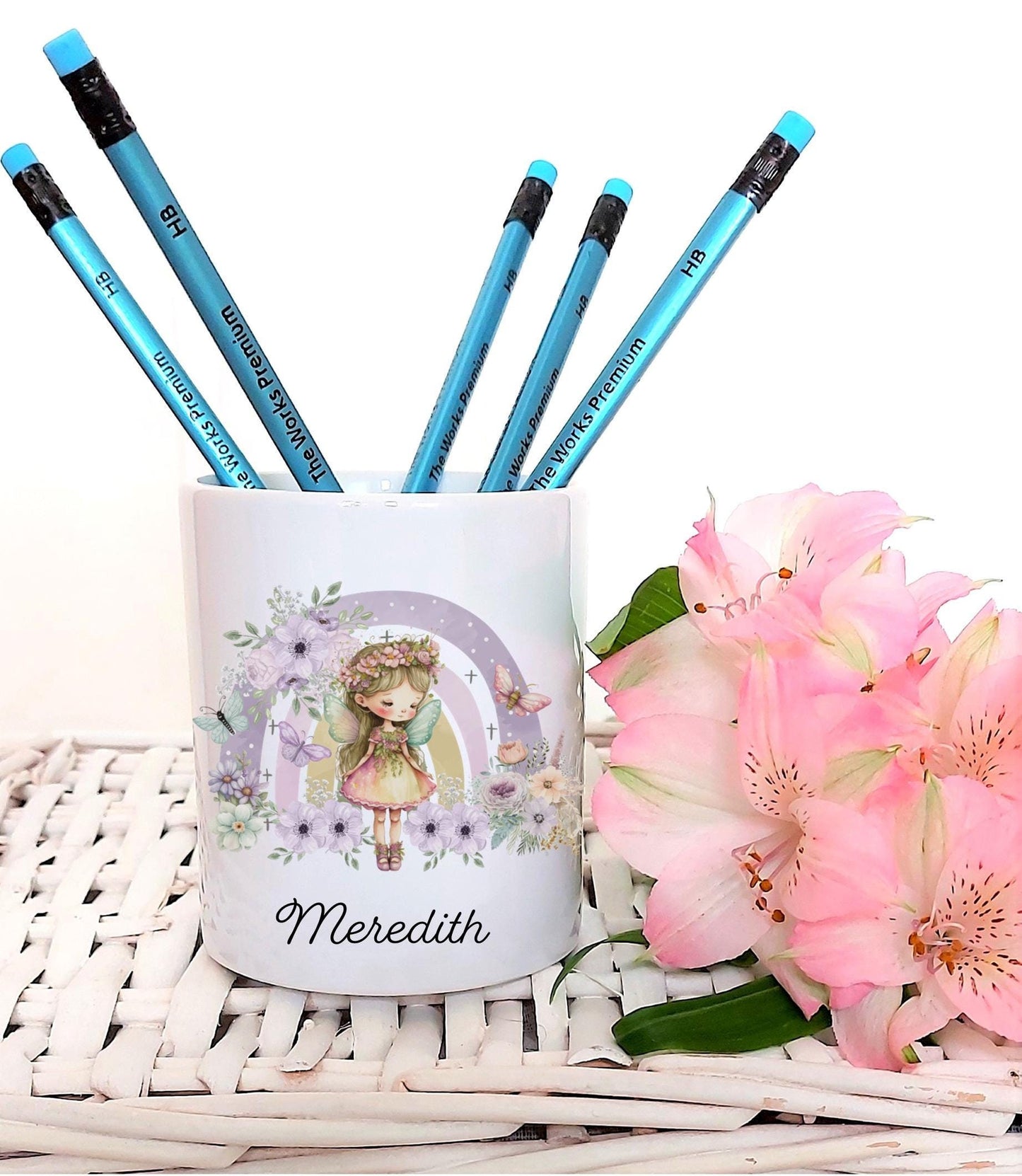 personalised Fairy Pen Pot: Rainbow Floral Kids Stationery Holder