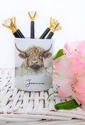 personalised Highland Cow Pen Pot: Rustic Desk Organizer