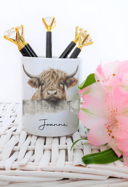 personalised Highland Cow Pen Pot: Rustic Desk Organizer