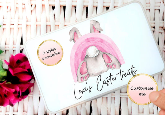 Personalised pink Easter Bunny Rainbow Tin
