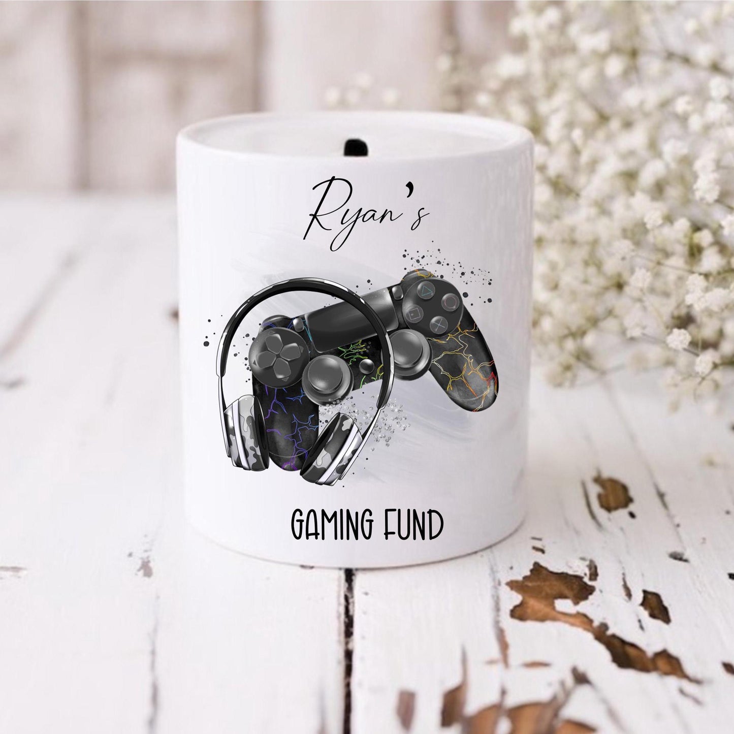 personalised Gamer Money Box: Ceramic Gaming Fund Savings Pot