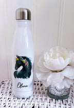 personalised Horse Water Bottle: Floral Black Horse, Stainless Steel 500ml