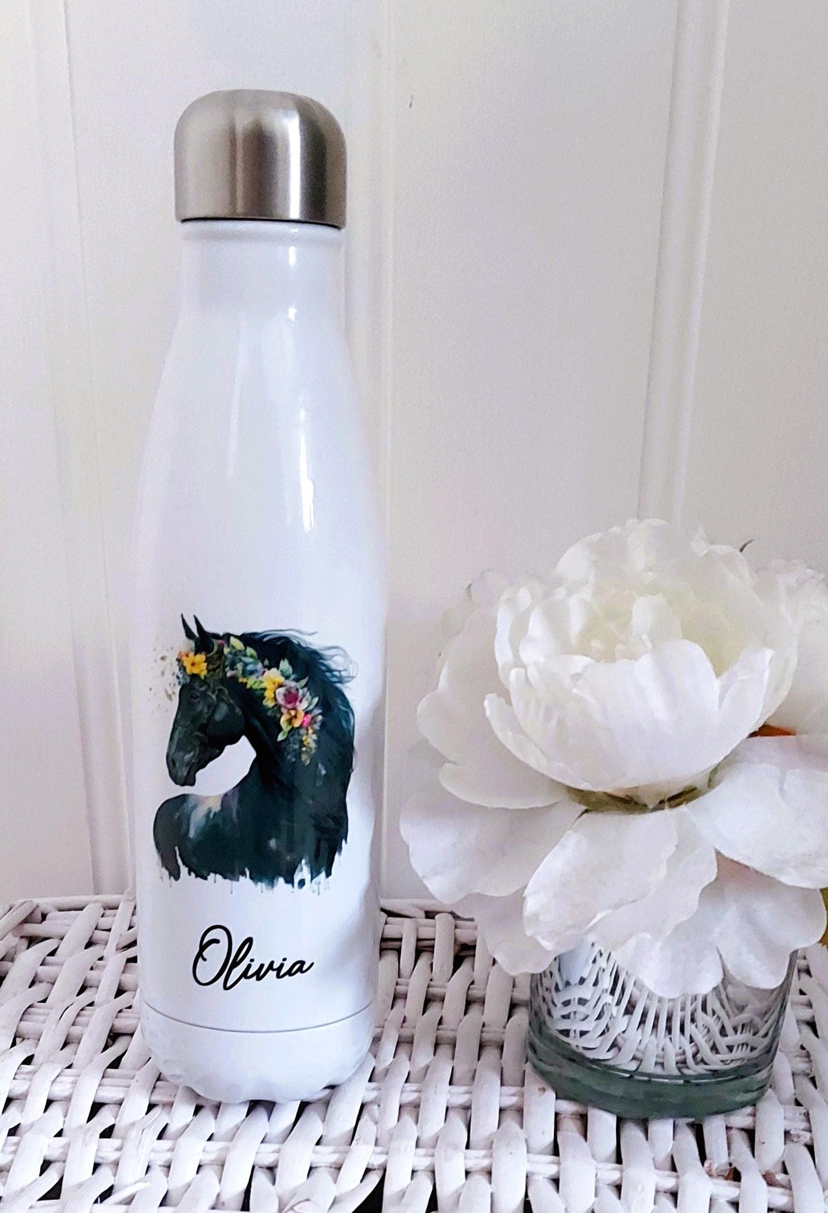 personalised Horse Water Bottle: Floral Black Horse, Stainless Steel 500ml