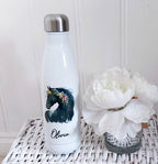 personalised Horse Water Bottle: Floral Black Horse, Stainless Steel 500ml
