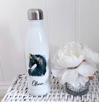 personalised Horse Water Bottle: Floral Black Horse, Stainless Steel 500ml
