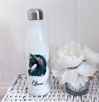 personalised Horse Water Bottle: Floral Black Horse, Stainless Steel 500ml
