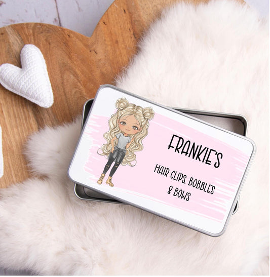 Personalised Hair Bobbles & Bows Tin – Custom Girl Character Design