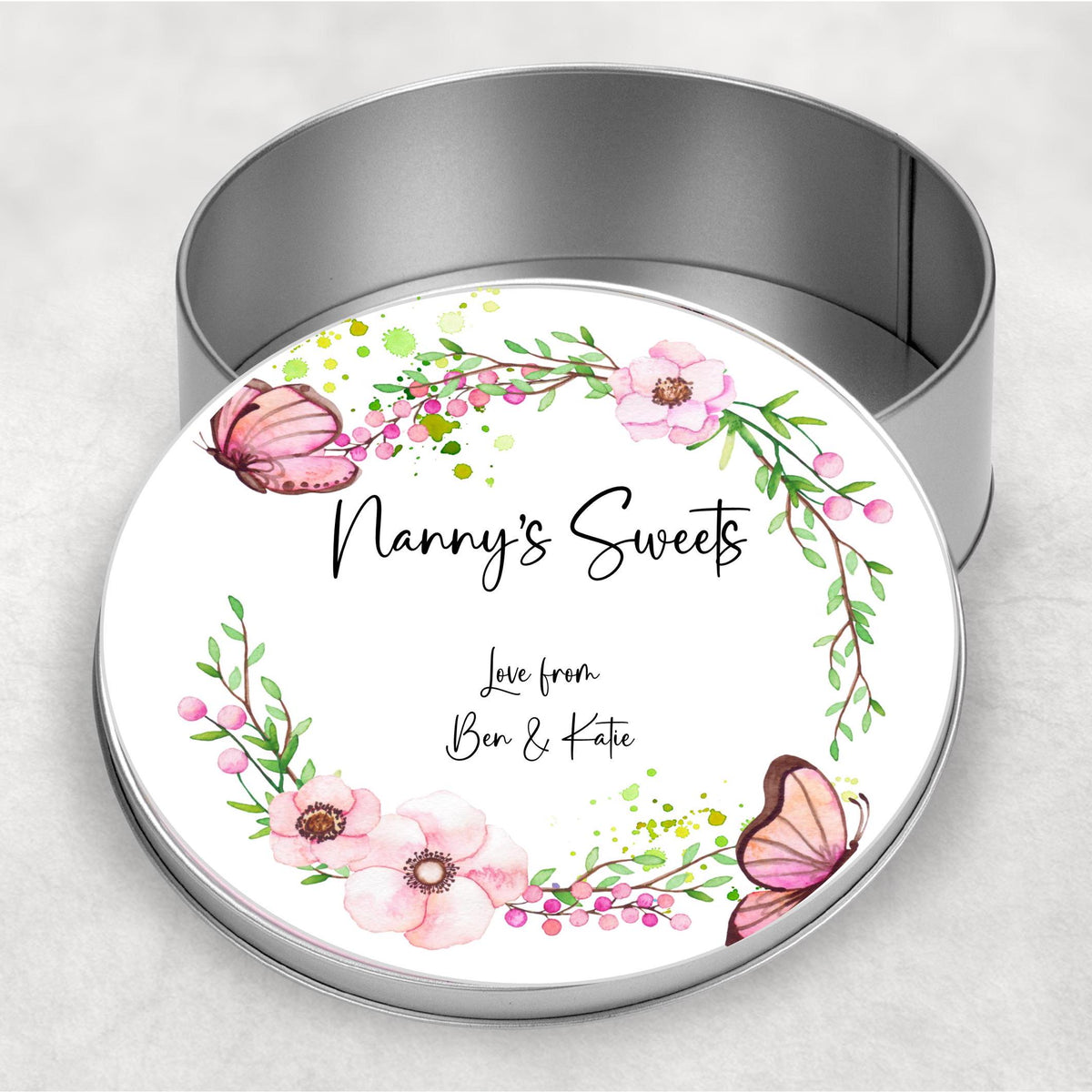 Floral Butterfly Wreath Storage Tin: Gift for Grandma