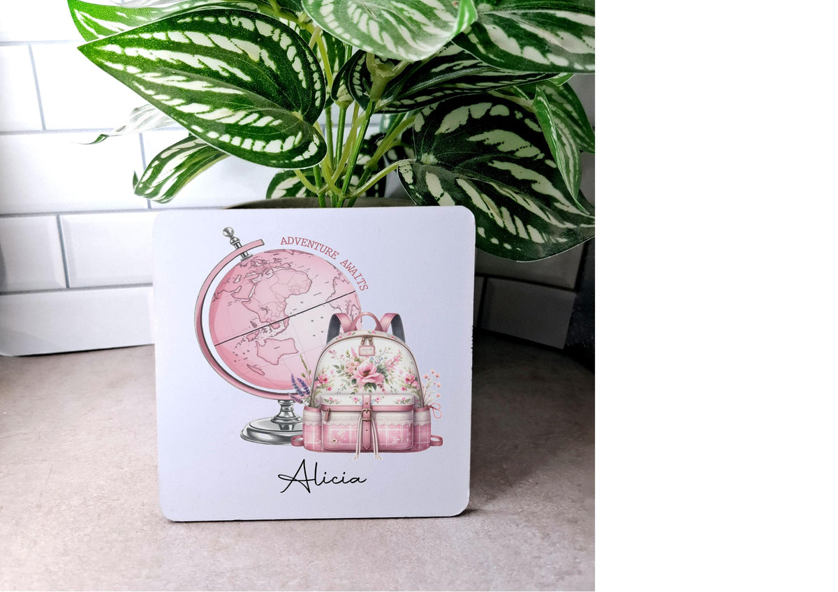 personalised Travel Mug: Pink Globe & Rucksack, Flight Attendant Gift