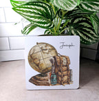 personalised Travel Mug: Vintage Globe & Rucksack Design