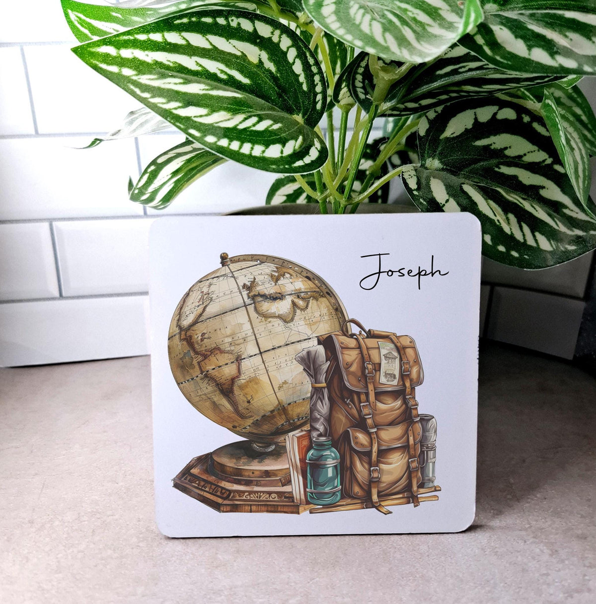 personalised Travel Mug: Vintage Globe & Rucksack Design