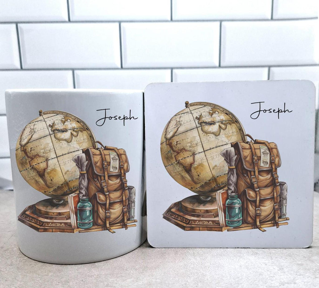 personalised Travel Mug: Vintage Globe & Rucksack Design