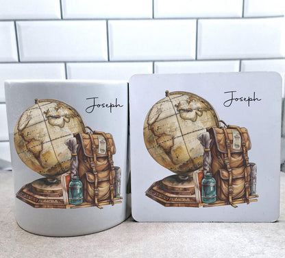 personalised Travel Mug: Vintage Globe & Rucksack Design