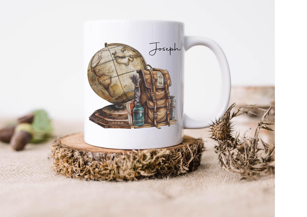 personalised Travel Mug: Vintage Globe & Rucksack Design