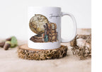 personalised Travel Mug: Vintage Globe & Rucksack Design