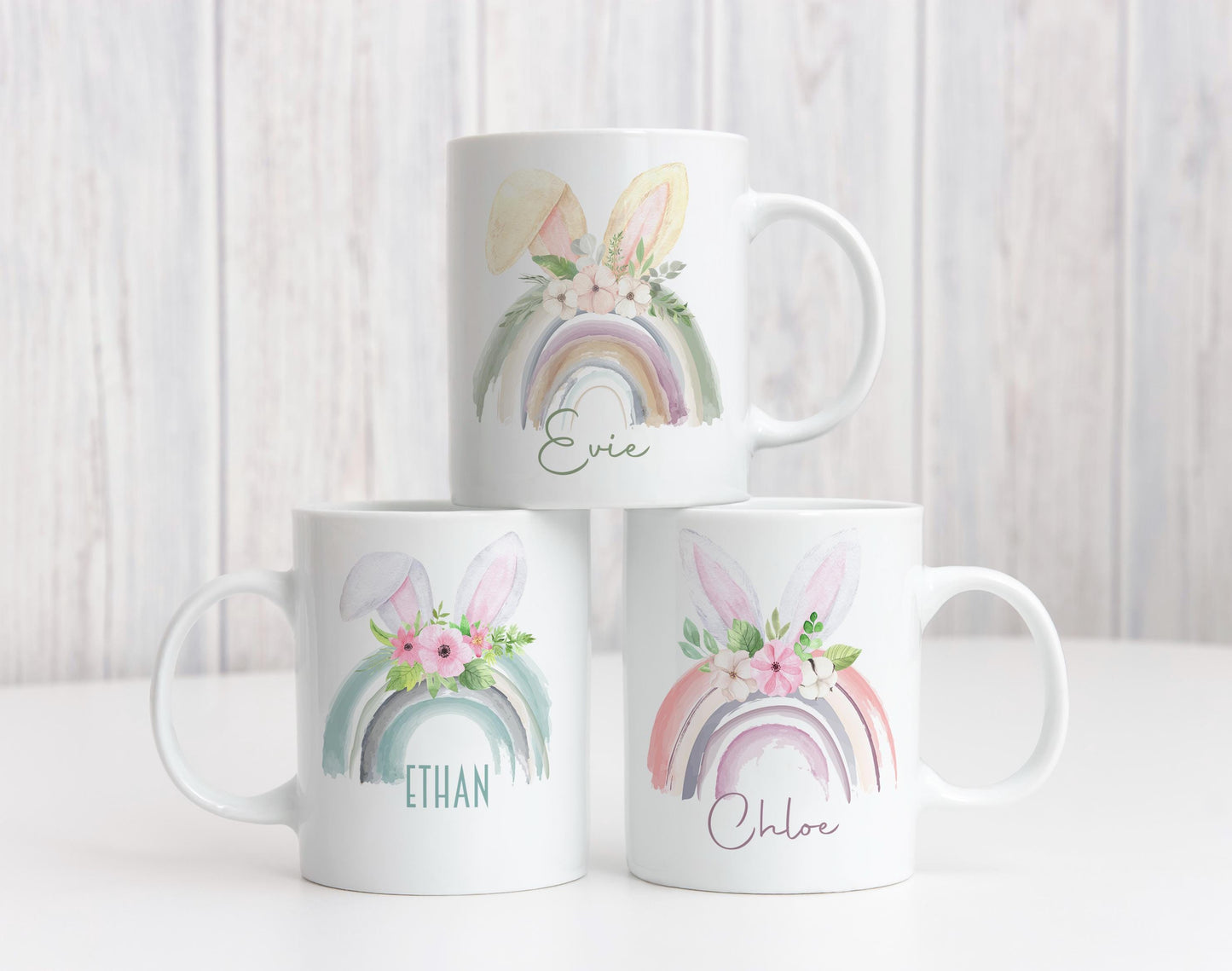 personalised Easter Mug: Rainbow Bunny Ears, Custom Name