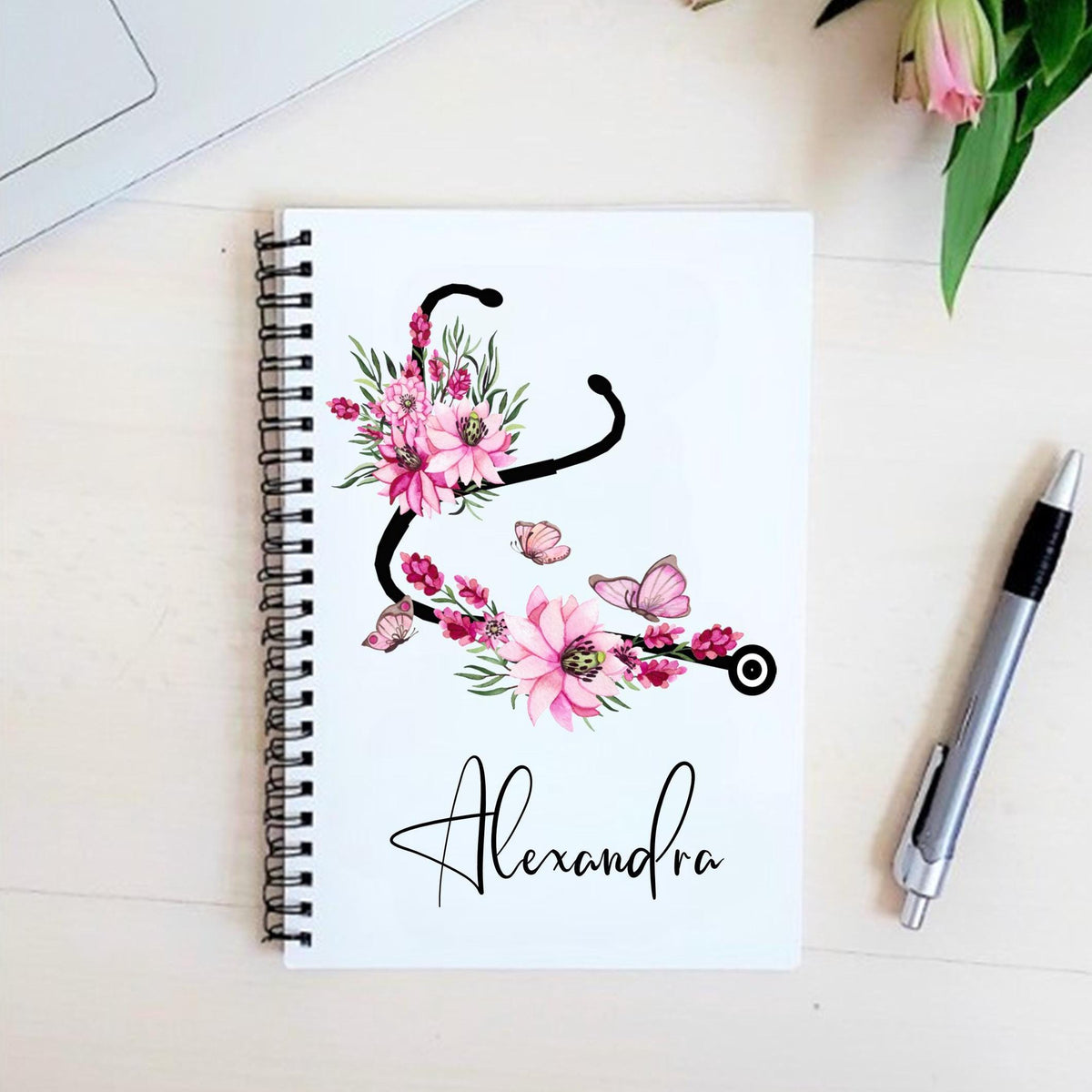 Personalised Floral Stethoscope Notebook: Nurse, Doctor, Midwife Gift
