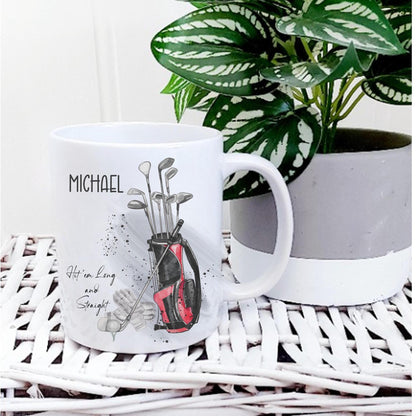 personalised Golf Mug: Red Golf Bag Design, Gift for Golfers