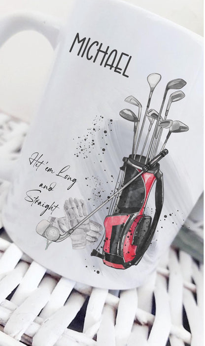 personalised Golf Mug: Red Golf Bag Design, Gift for Golfers
