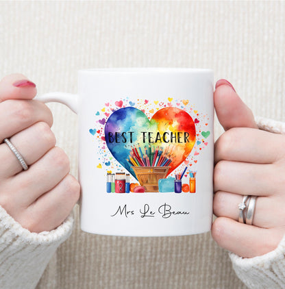 Personalised Best Teacher mug, heart mug, rainbow heart mug, gift for teacher, gift for teaching assistant, Best Teaching Assistant gift