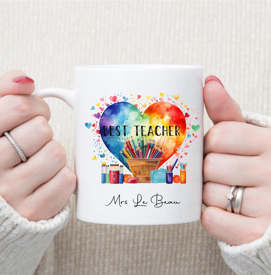 Personalised Best Teacher mug, heart mug, rainbow heart mug, gift for teacher, gift for teaching assistant, Best Teaching Assistant gift