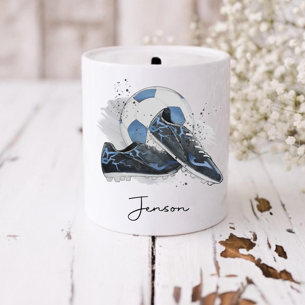 Personalised Football Money Box: Ceramic Savings Pot, Gift for Footballer - choice of boot colours