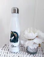 personalised Horse Water Bottle: Floral Black Horse, Stainless Steel 500ml