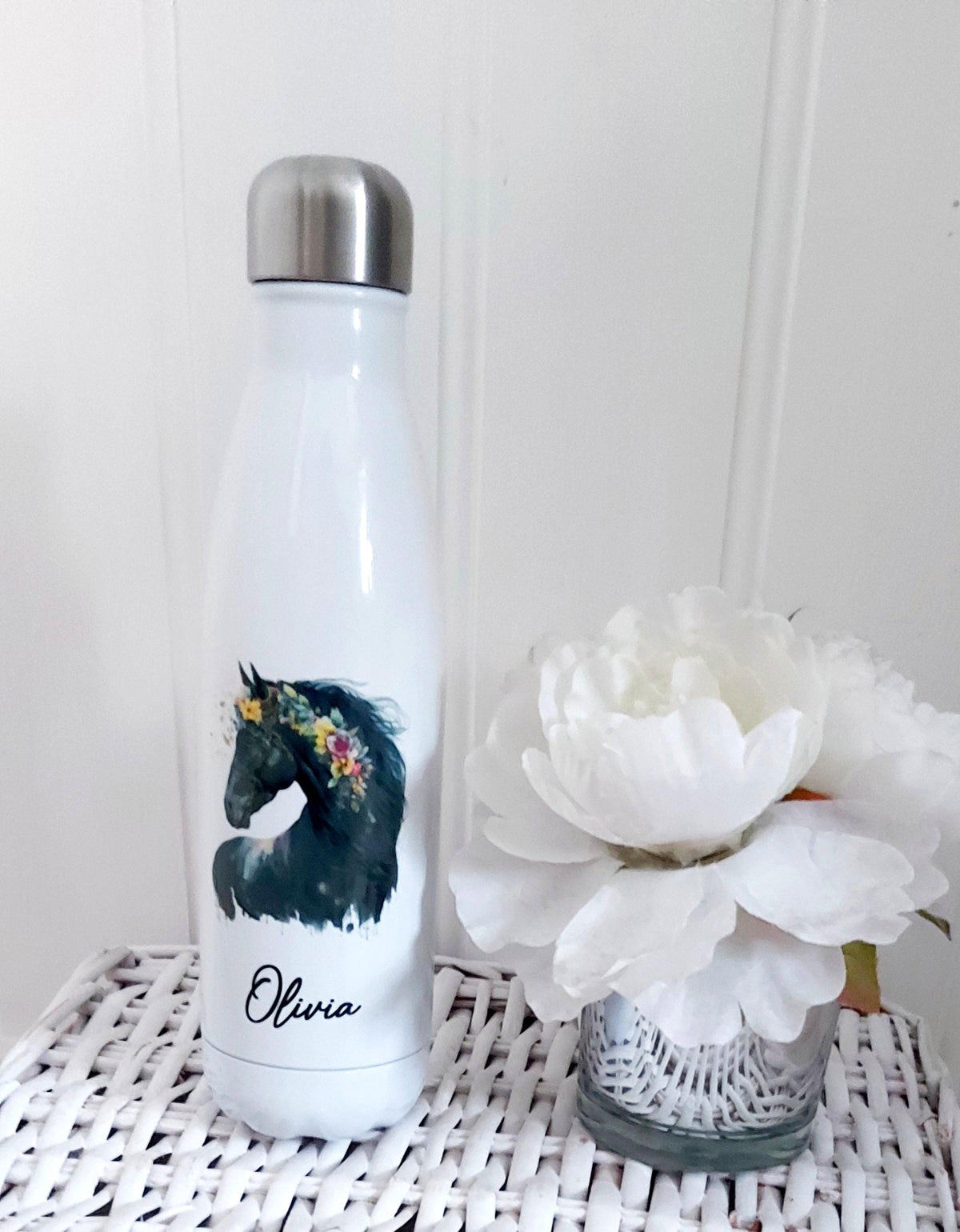 personalised Horse Water Bottle: Floral Black Horse, Stainless Steel 500ml