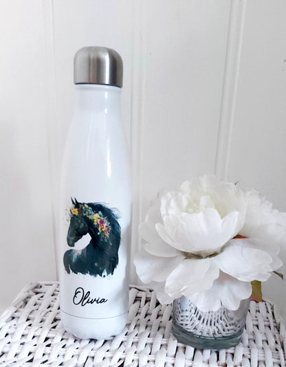 personalised Horse Water Bottle: Floral Black Horse, Stainless Steel 500ml