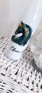 personalised Horse Water Bottle: Floral Black Horse, Stainless Steel 500ml