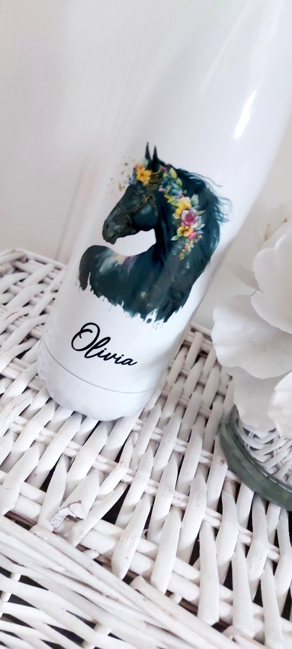 personalised Horse Water Bottle: Floral Black Horse, Stainless Steel 500ml